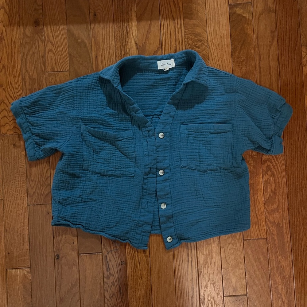 Blue Green Button Up Tee Women Size S